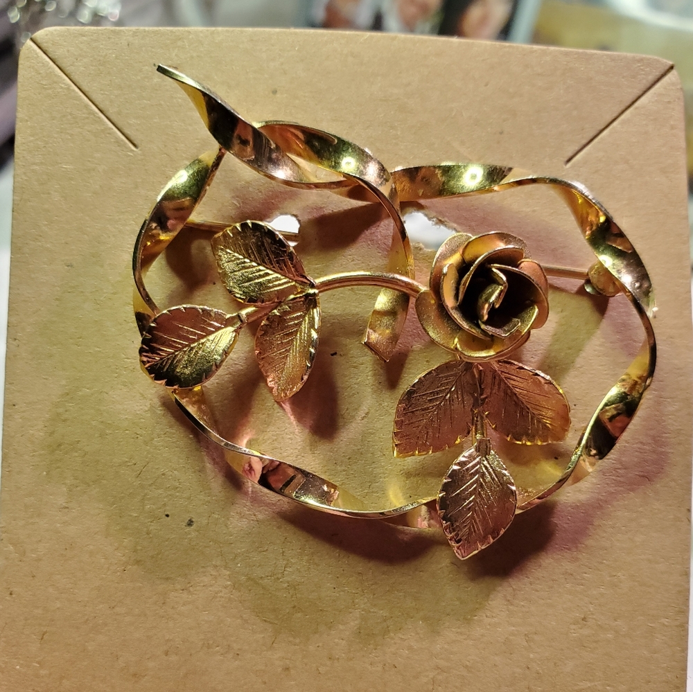 Vintage Bond Boyd Gold Filled Ribbon Heart and Rose Brooch Pin